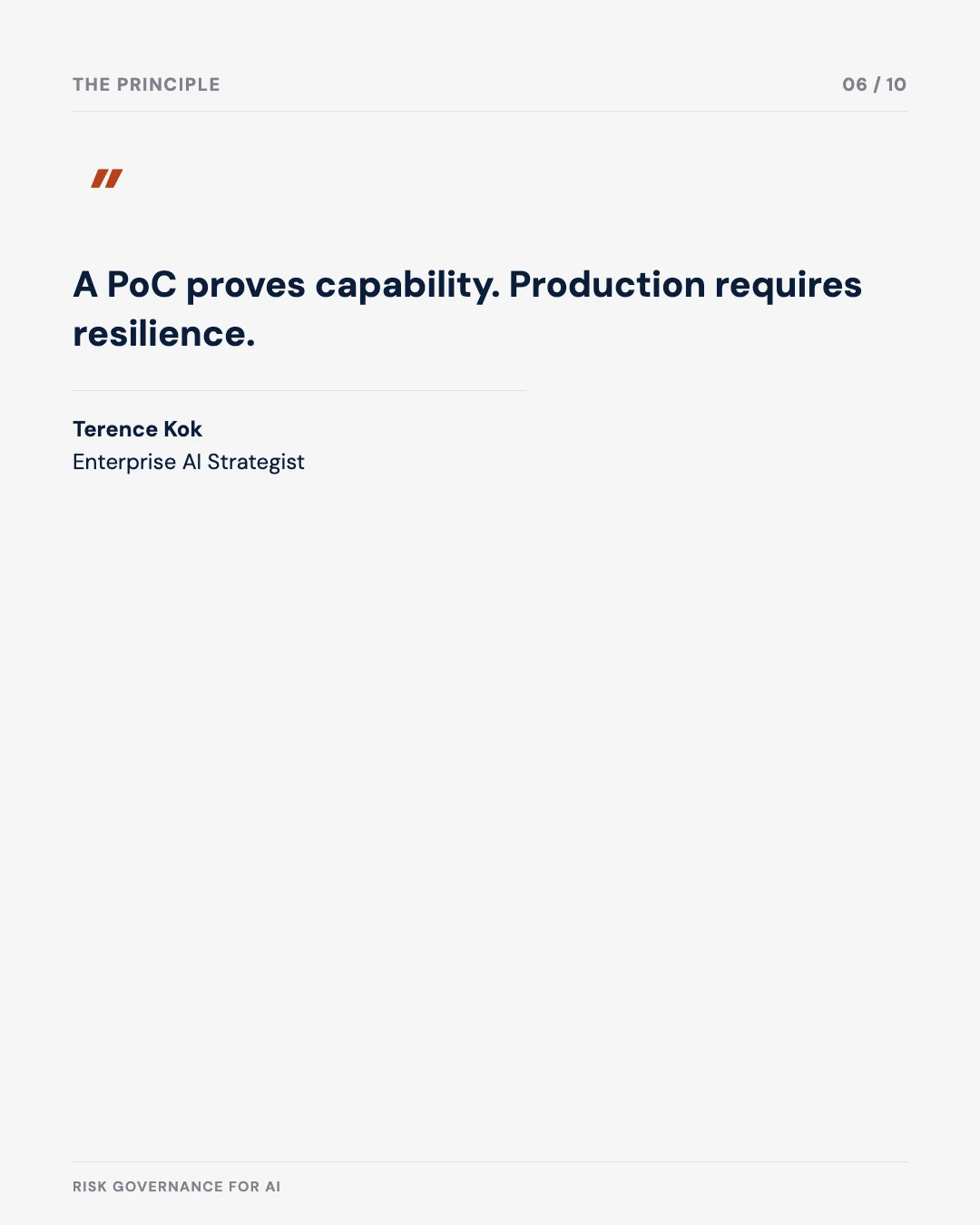 Carousel slide 6: quote — a PoC proves capability, production requires resilience