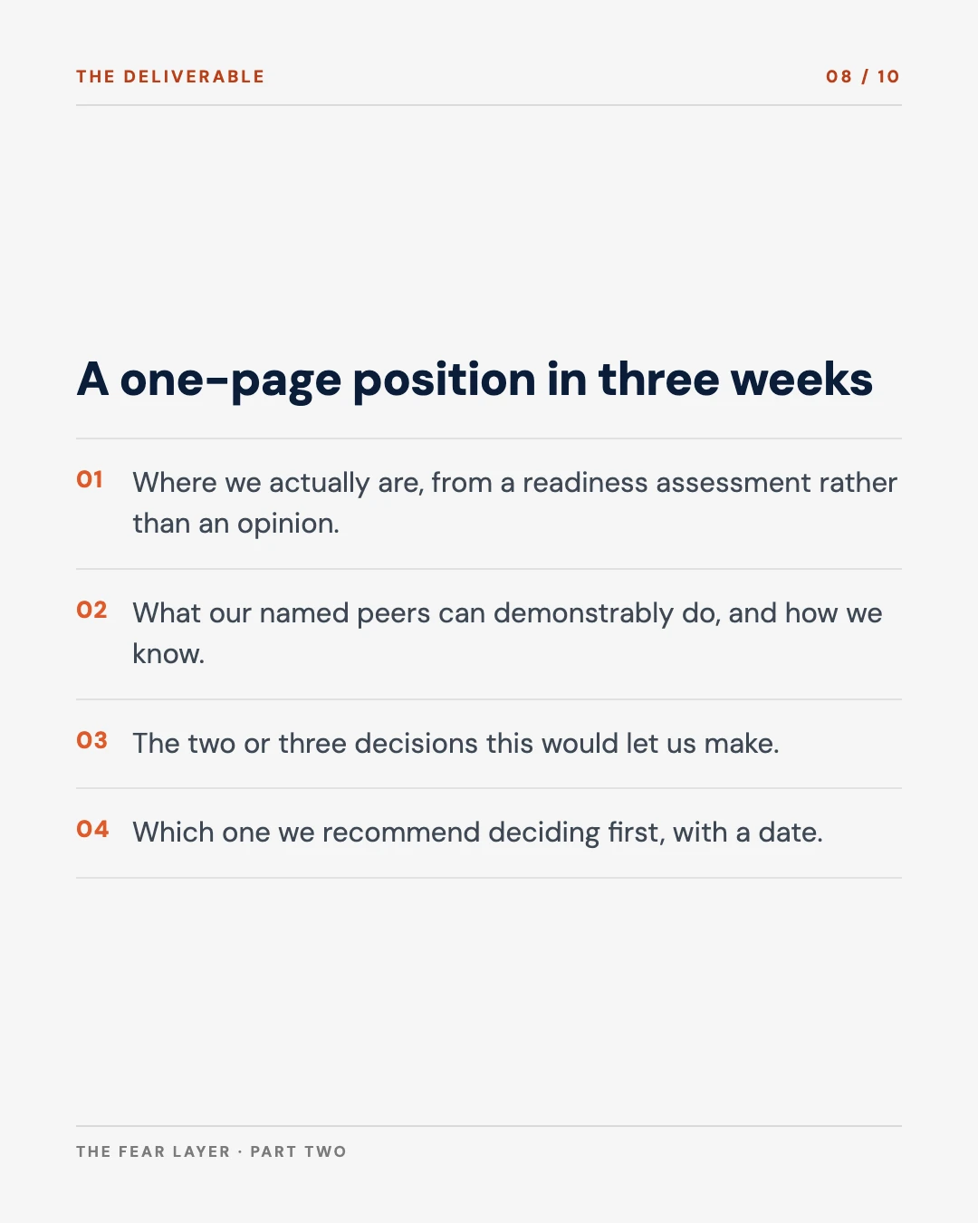 Carousel slide 8: the one-page position in three weeks, four parts