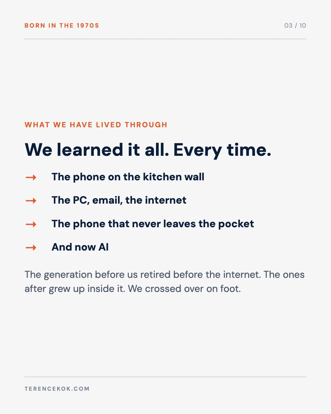 Carousel slide 3: what we have lived through, from the phone on the kitchen wall to AI