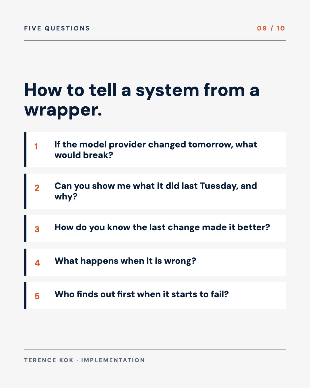 Carousel slide 9: five questions that separate a system from a wrapper