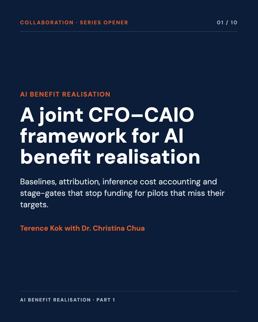 Carousel slide 1: cover, a joint CFO and CAIO framework for AI benefit realisation