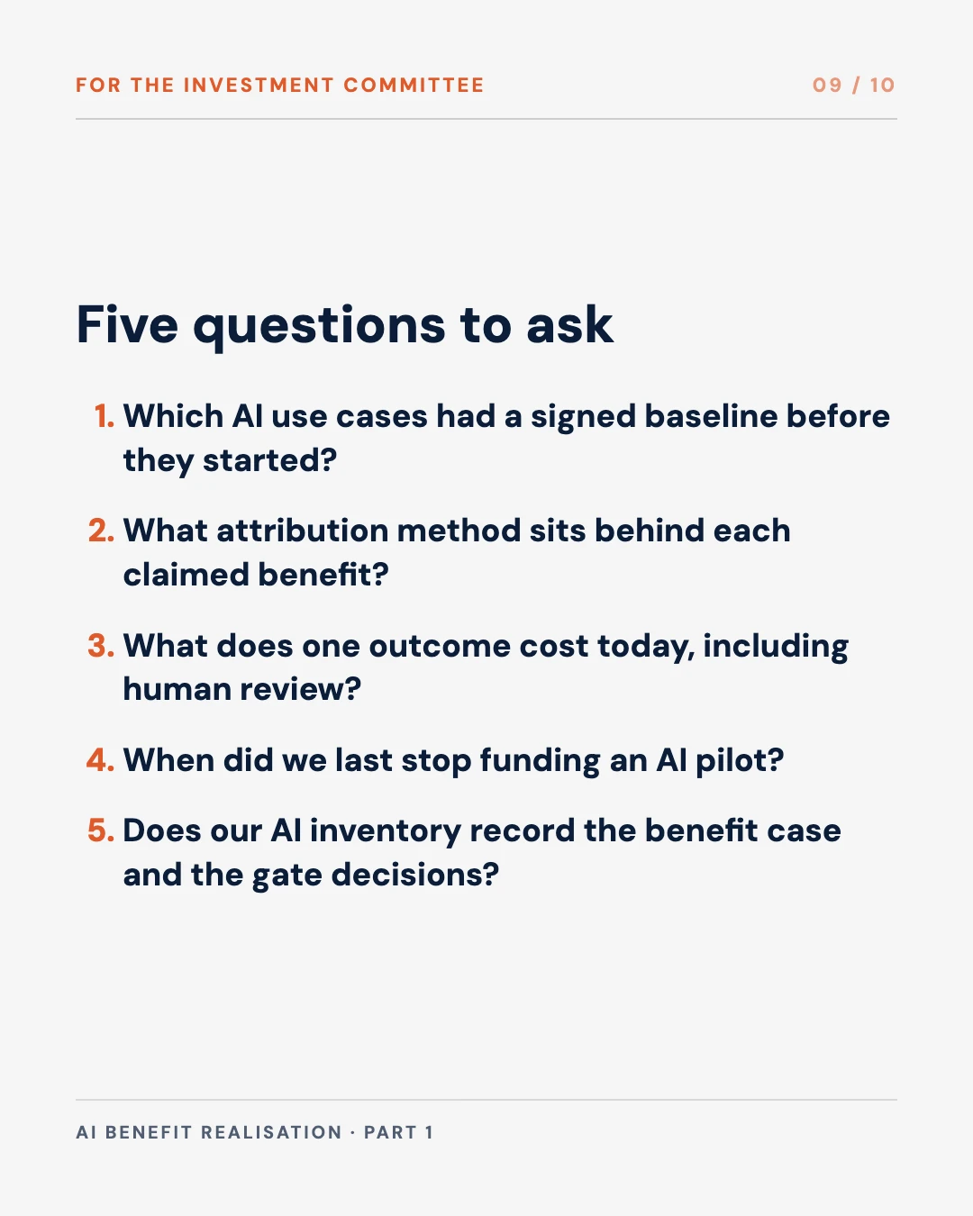 Carousel slide 9: five questions for the investment committee