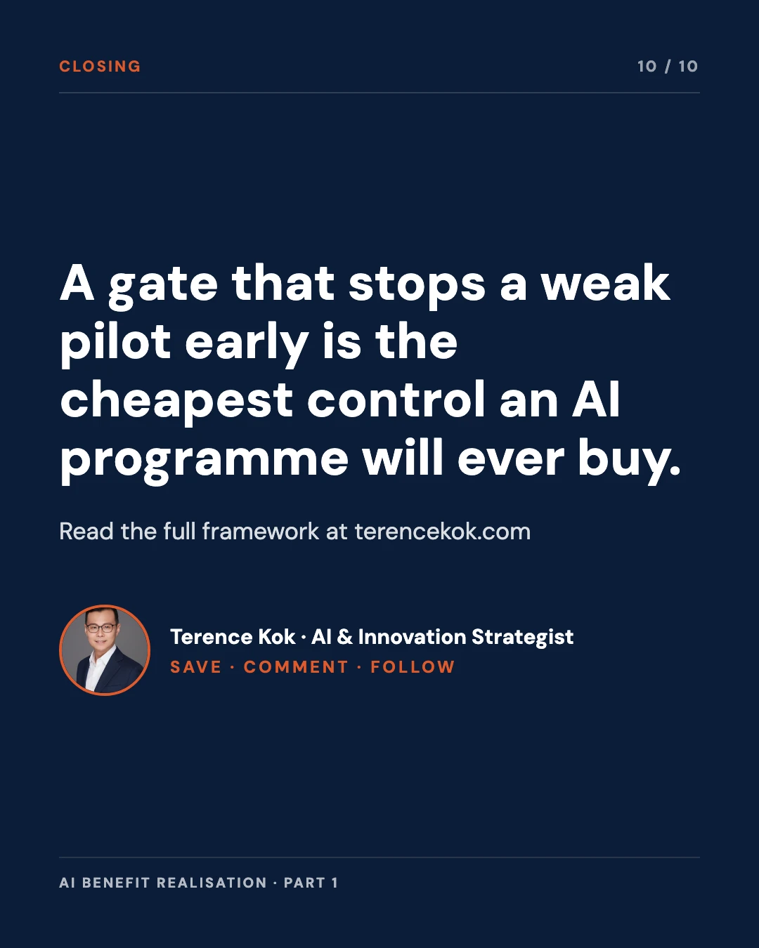 Carousel slide 10: closing, a gate that stops a weak pilot early is the cheapest control an AI programme will buy