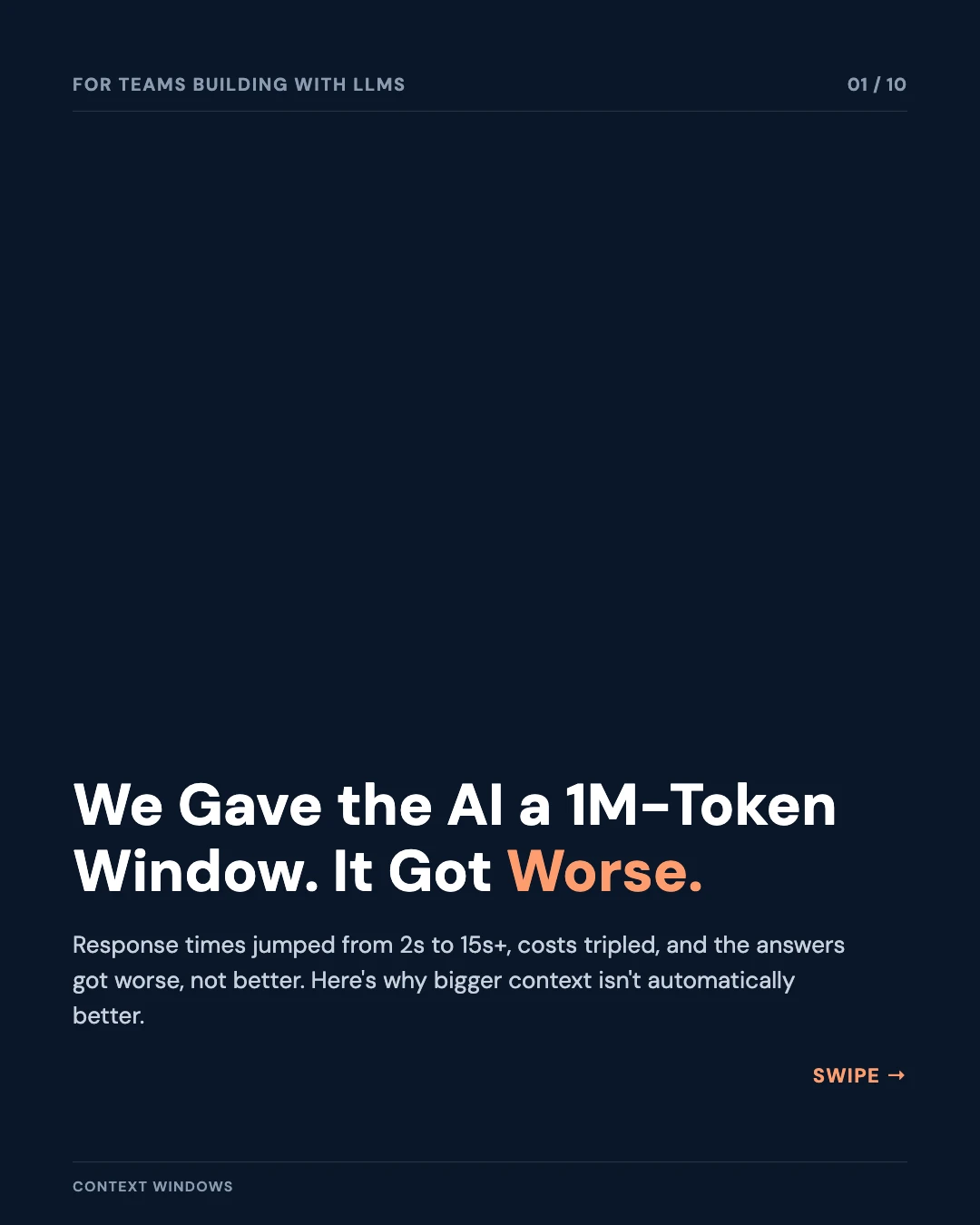 Carousel slide 1: we gave the AI a 1M-token window and it got worse — slower, costlier, and less accurate