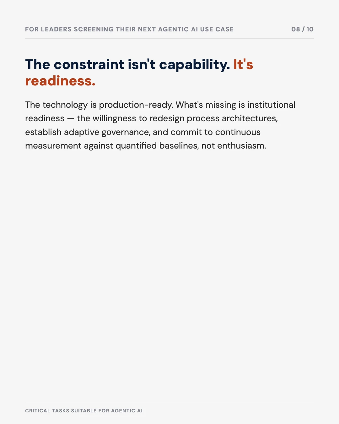 Carousel slide 8: the constraint isn't capability, it's readiness