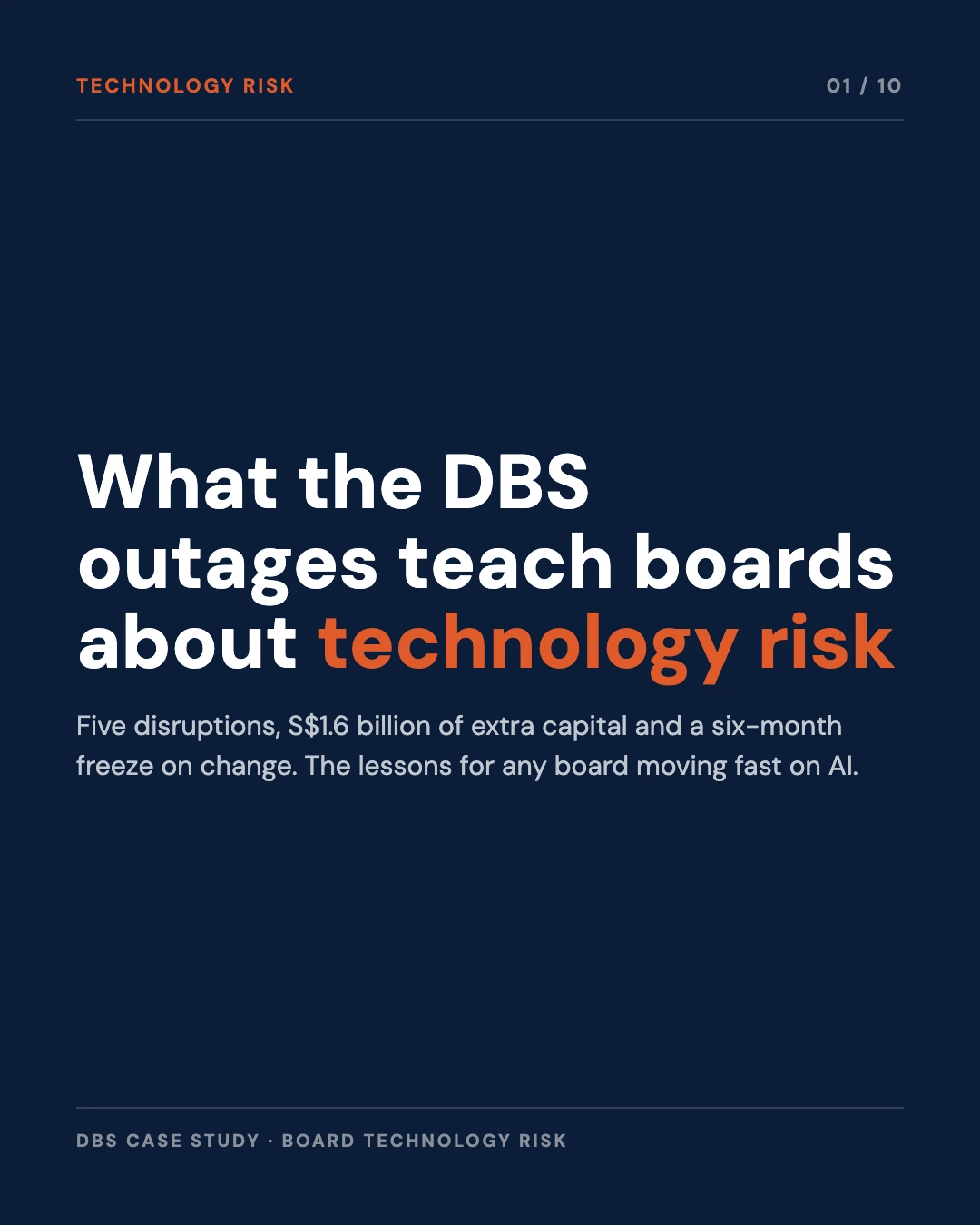 Carousel slide 1: cover, what the DBS outages teach boards about technology risk