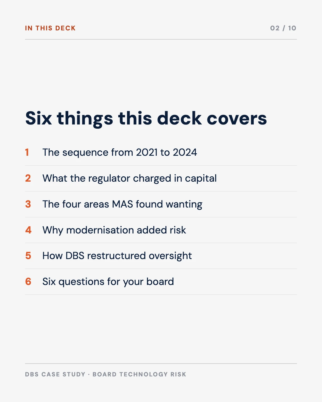 Carousel slide 2: agenda, six things this deck covers