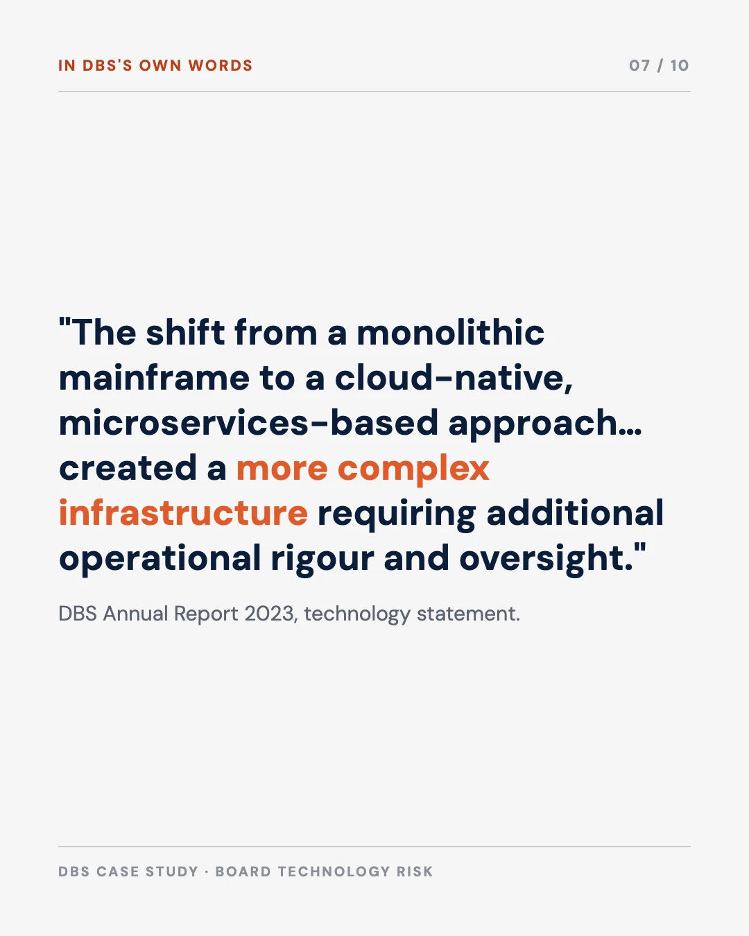 Carousel slide 7: DBS annual report quote on the complexity created by moving from mainframe to microservices