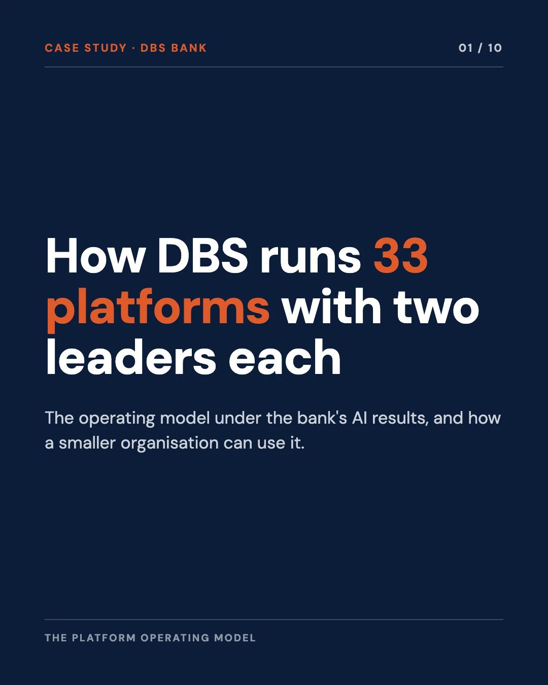 Carousel slide 1: cover, how DBS runs 33 platforms with two leaders each