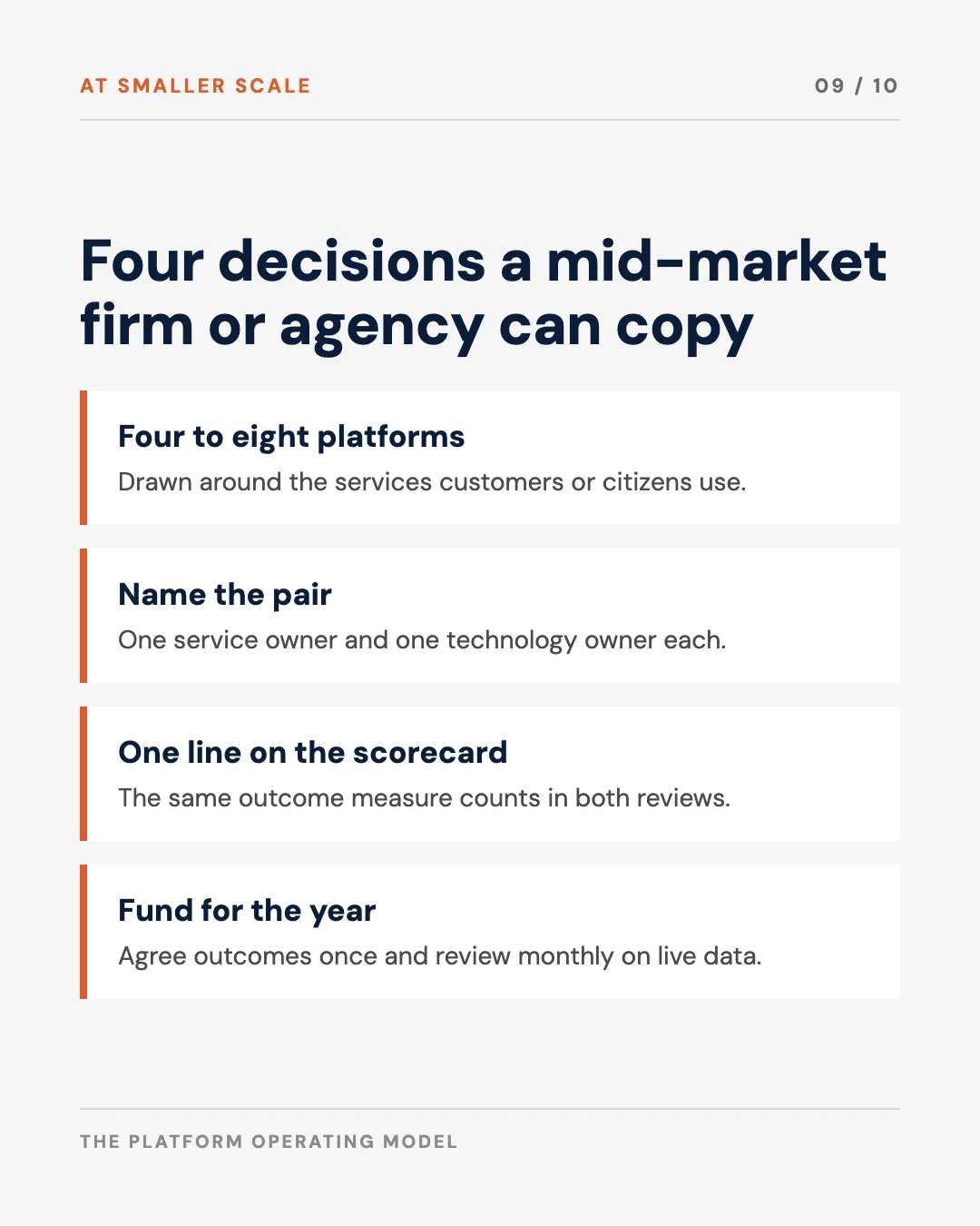 Carousel slide 9: adapting the model with four to eight platforms in a smaller organisation