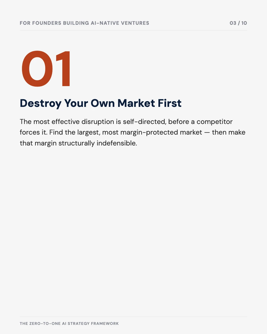 Carousel slide 3: destroy your own market first — find the largest margin-protected market, make that margin structurally indefensible