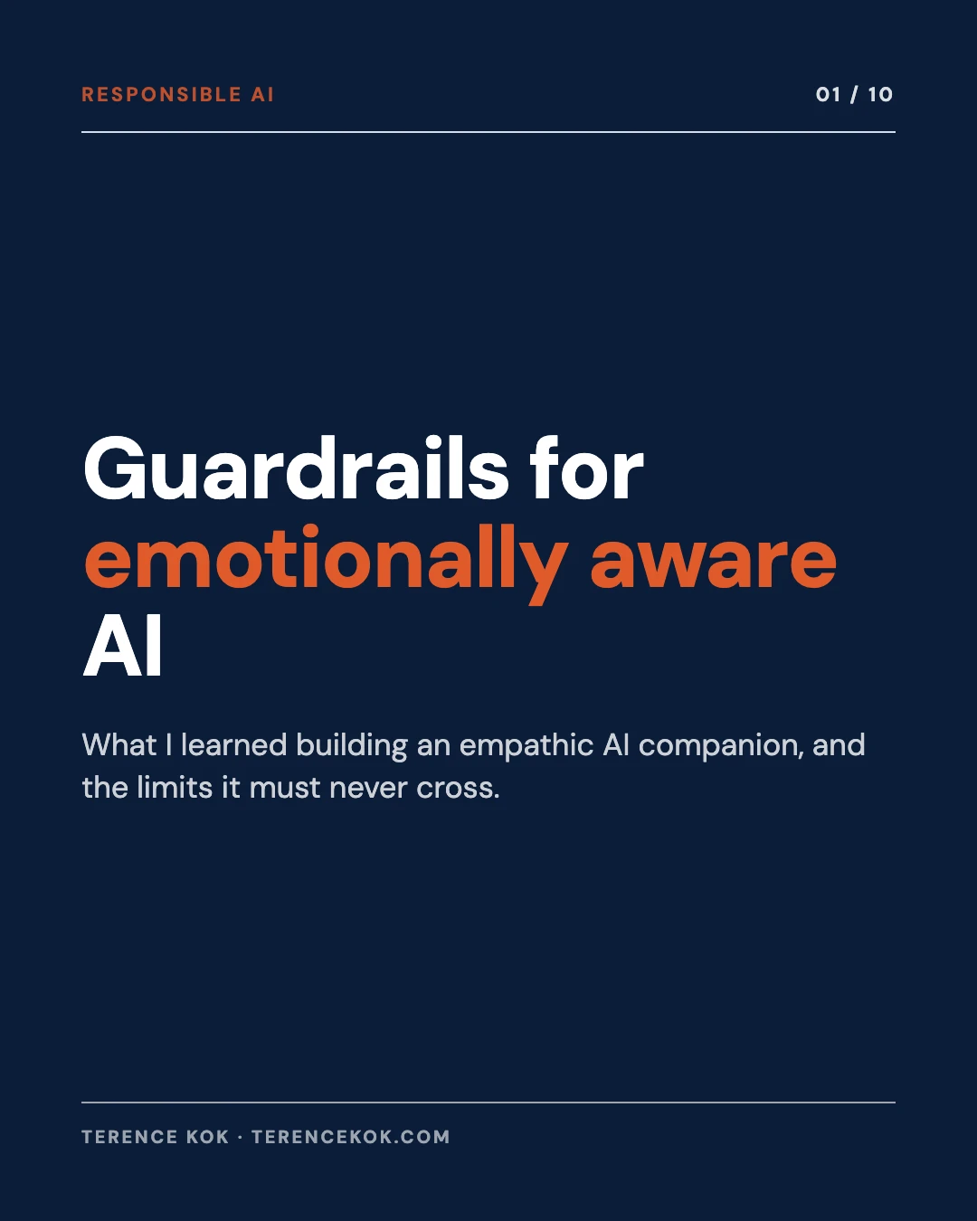Carousel slide 1: cover, guardrails for emotionally aware AI, what I learned building an empathic AI companion