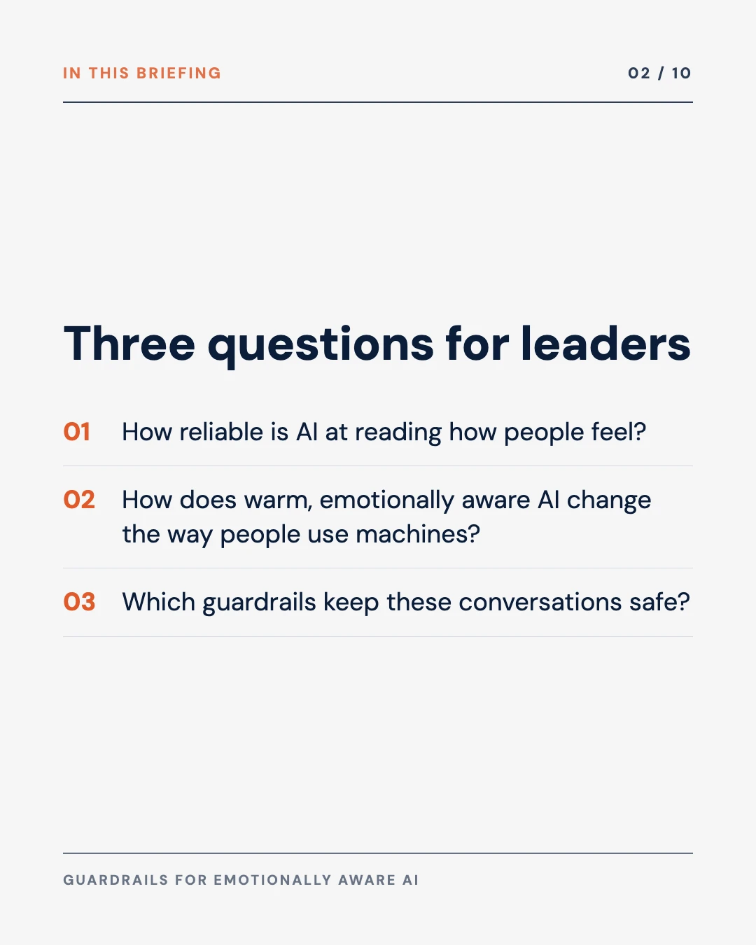 Carousel slide 2: agenda, three questions for leaders: how reliable emotion reading is, how warm AI changes the interface, which guardrails keep conversations safe