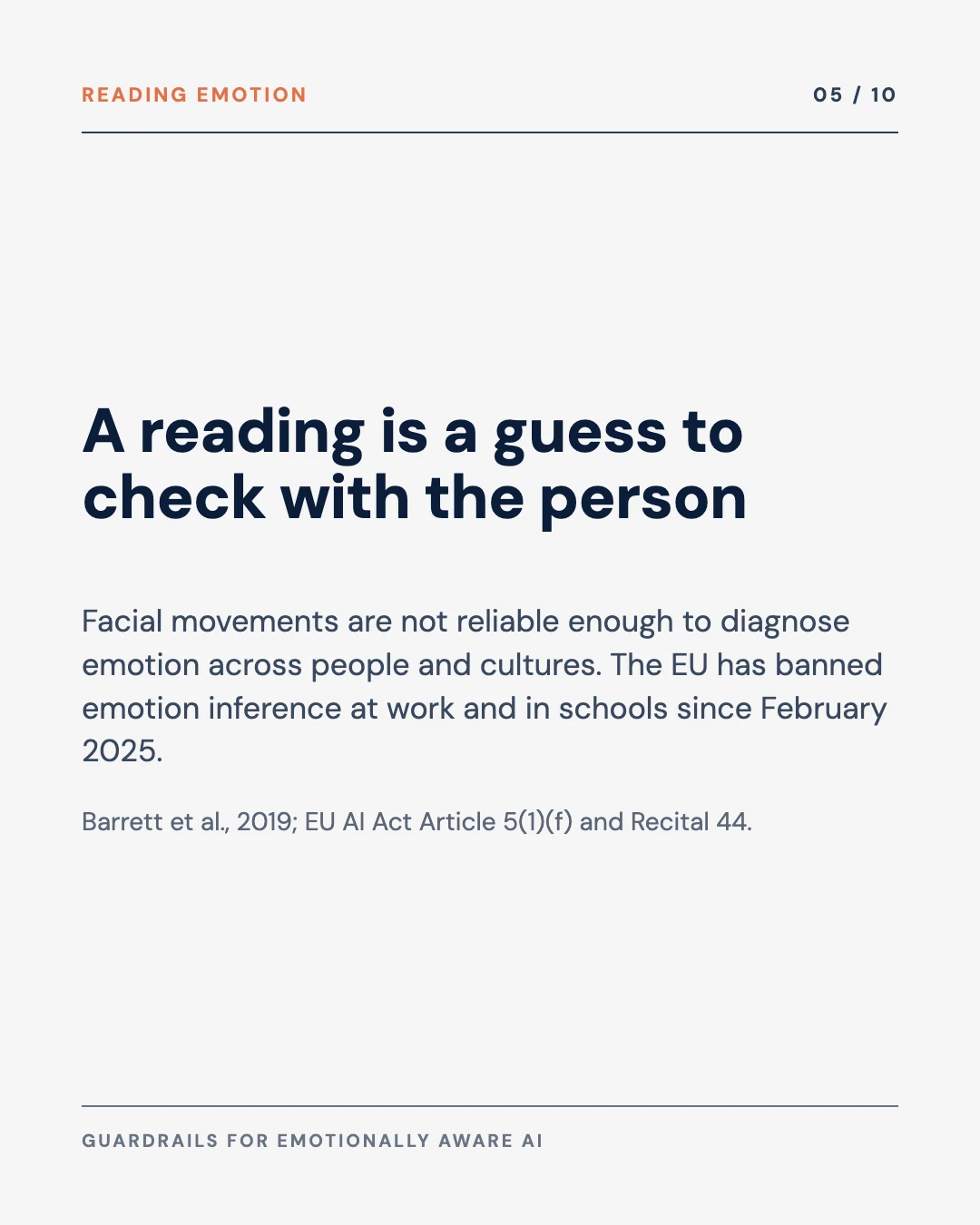 Carousel slide 5: a reading is a guess to check with the person; facial movements are not reliable enough to diagnose emotion, and the EU bans emotion inference at work and in schools