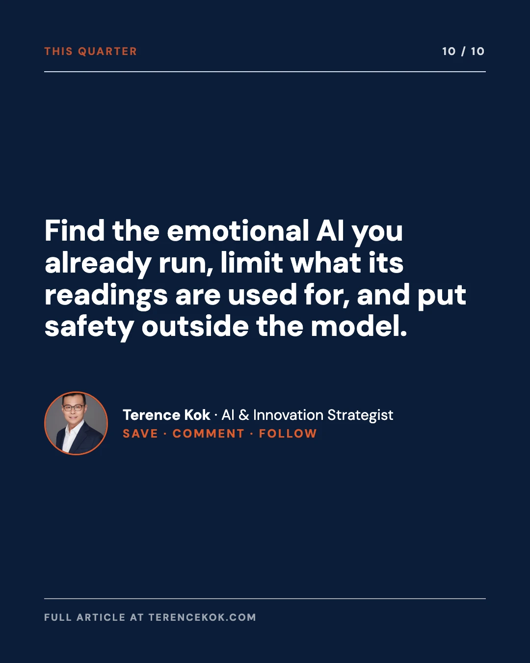 Carousel slide 10: closing call to action: find the emotional AI you already run, limit what its readings are used for, and put safety outside the model