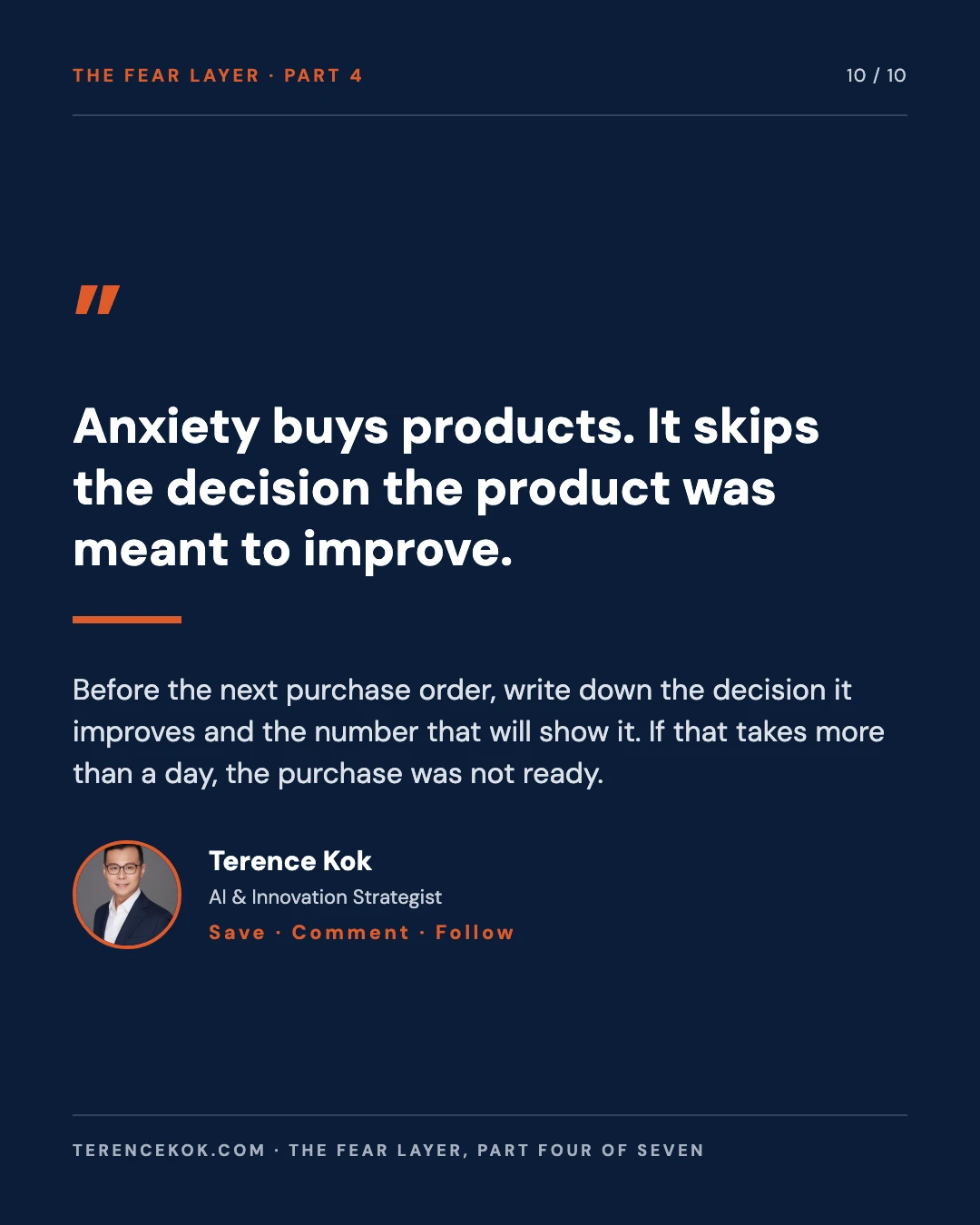 Carousel slide 10: pull quote, anxiety buys products and skips the decision, and closing call to action to name the decision before signing