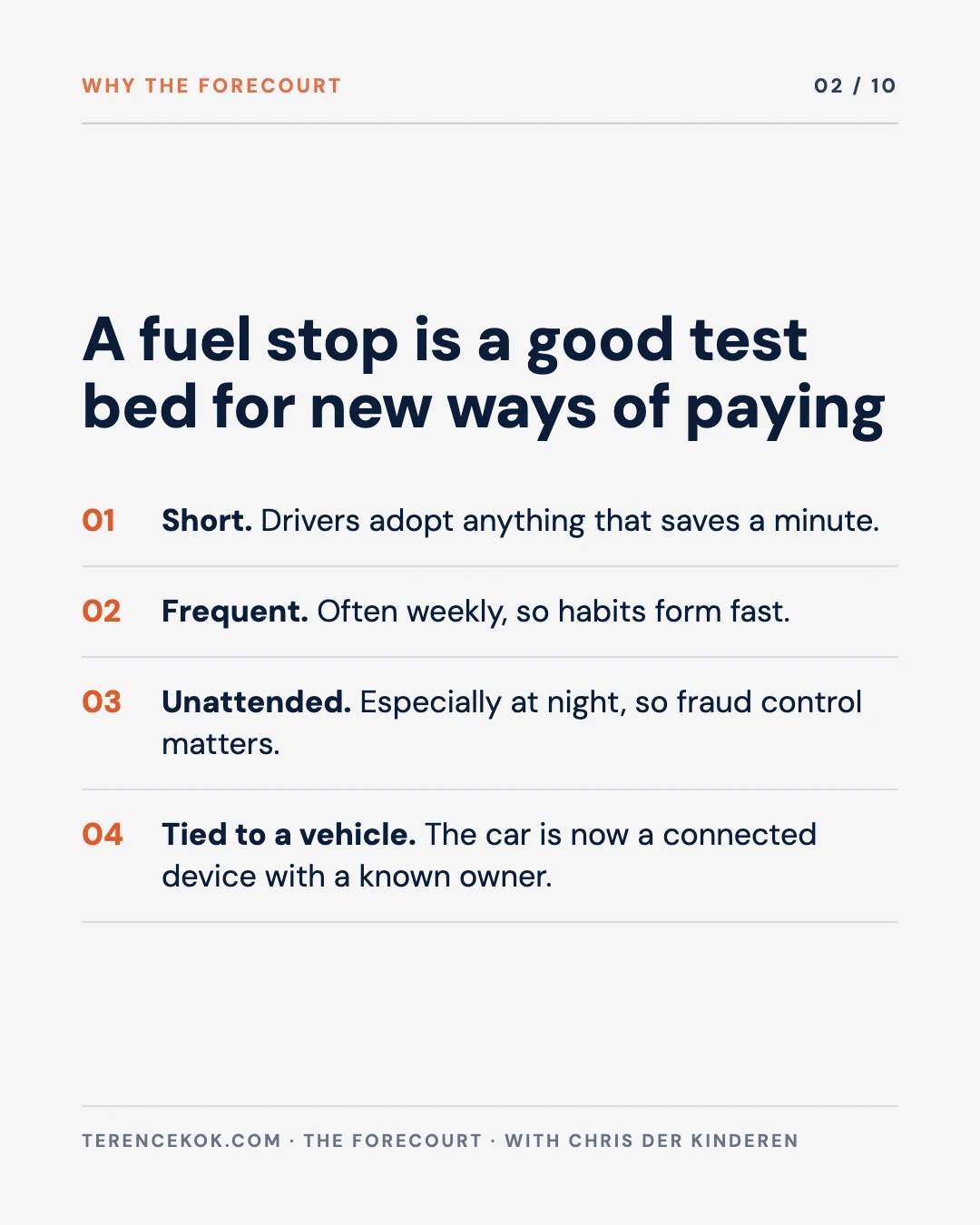 Carousel slide 2: why the forecourt matters, a short, frequent, unattended purchase tied to a vehicle