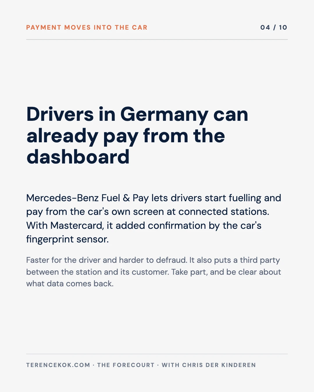 Carousel slide 4: payment moves into the car, Mercedes-Benz Fuel and Pay in Germany