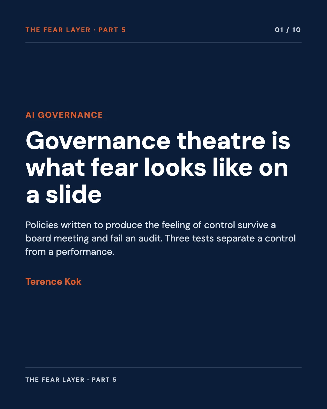 Carousel slide 1: cover, governance theatre is what fear looks like on a slide
