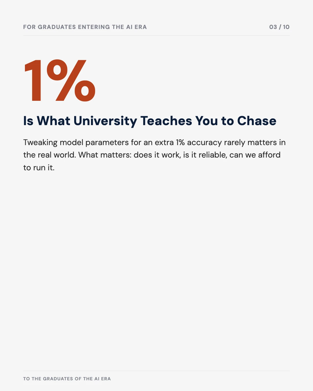 Carousel slide 3: 1% is what university teaches you to chase, real world cares if it works and is reliable