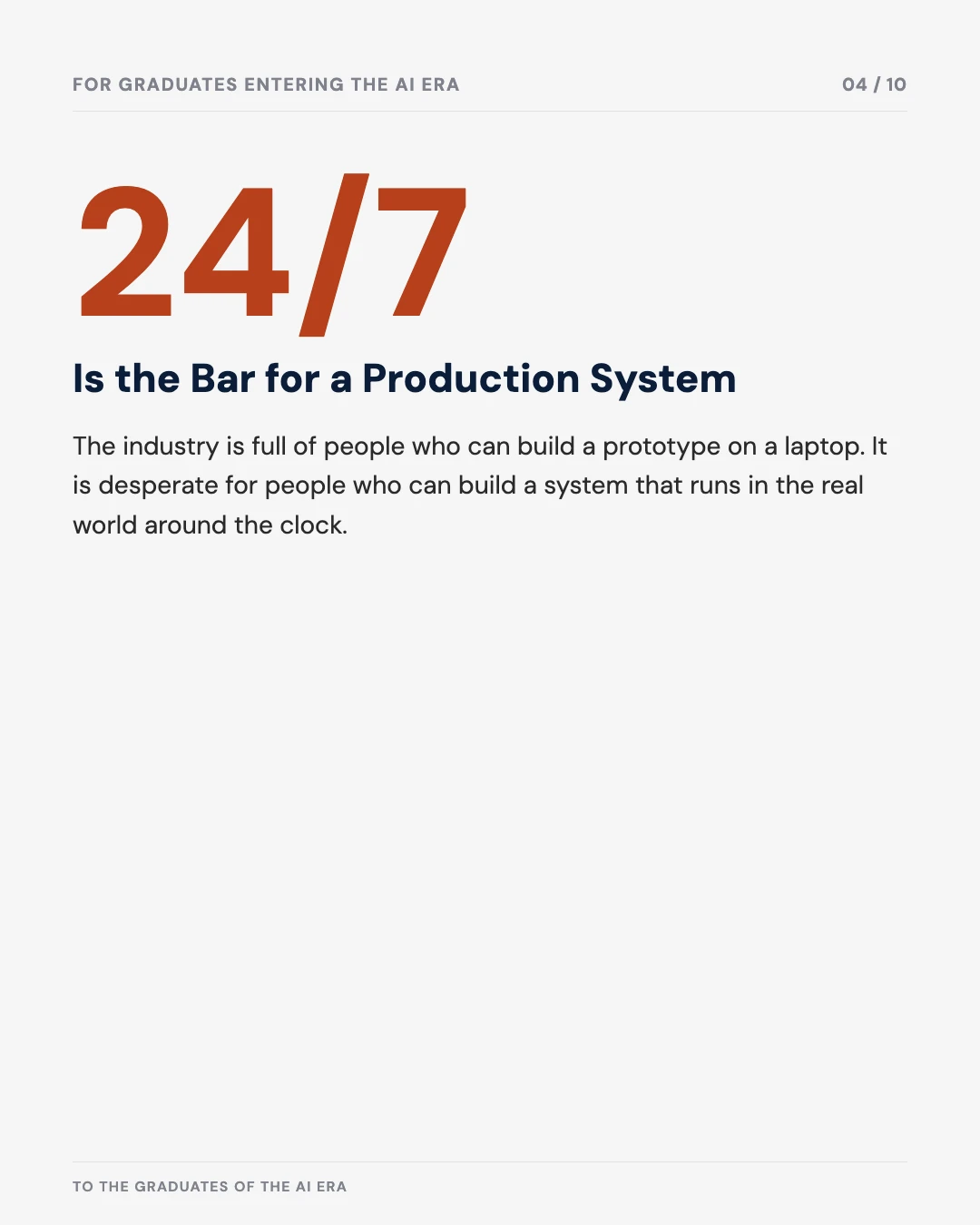 Carousel slide 4: 24/7 is the bar for a production system, not a laptop prototype