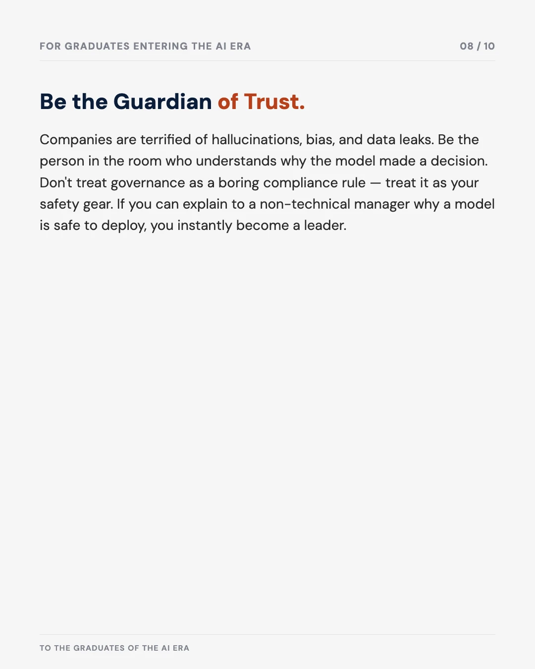 Carousel slide 8: be the guardian of trust — explain why a model is safe to deploy