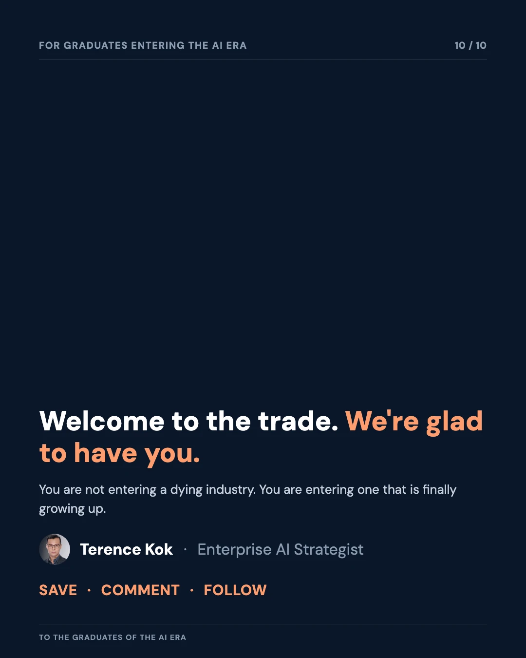 Carousel slide 10: closing call to action — welcome to the trade
