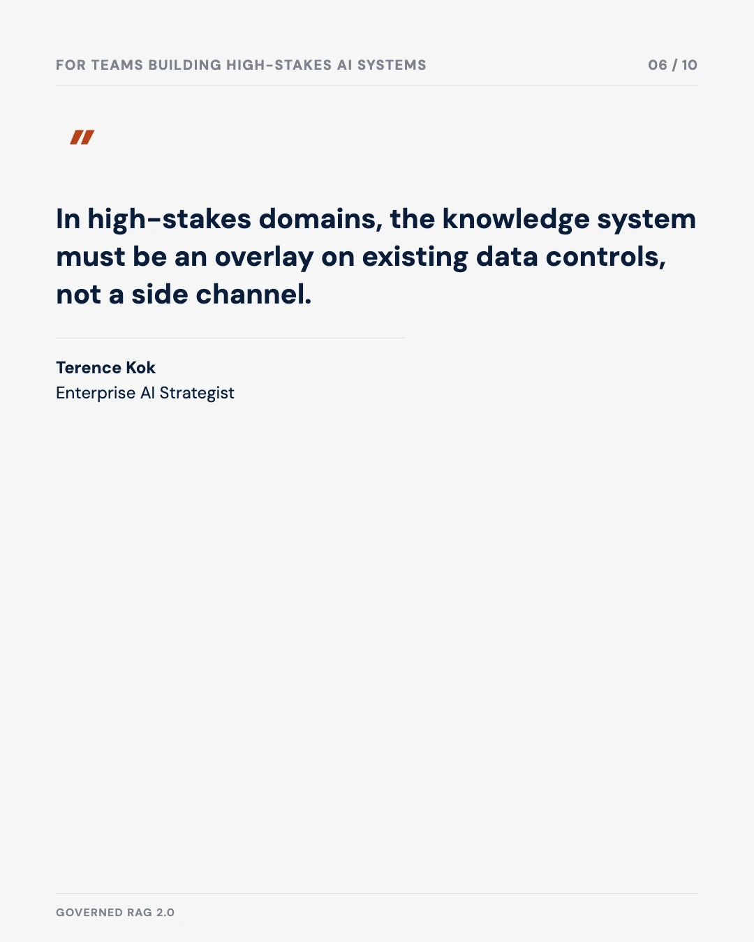 Carousel slide 6: quote — the knowledge system must be an overlay on existing data controls, not a side channel