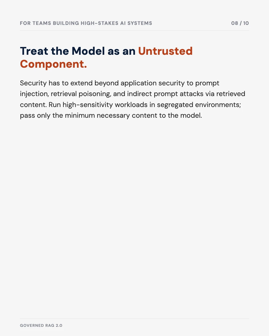 Carousel slide 8: treat the model as an untrusted component — prompt injection and retrieval poisoning defences