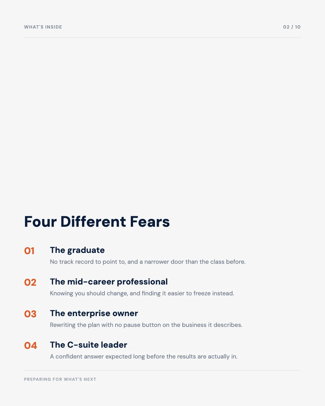 Carousel slide 2: agenda, four different fears across career stages