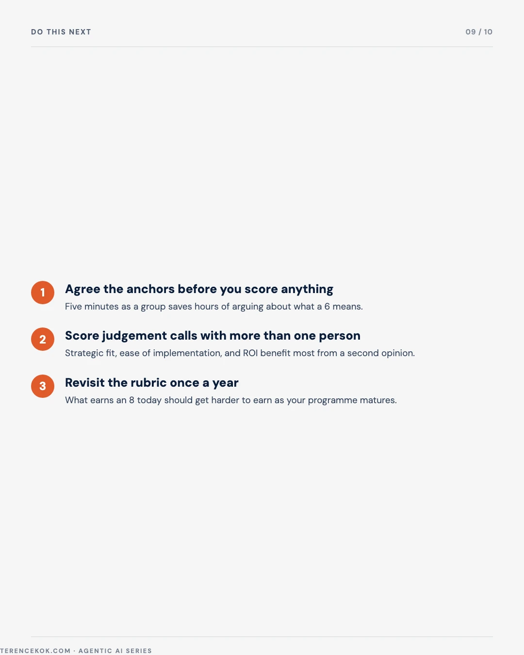 Carousel slide 9: three steps, agree the anchors first, score judgement calls with more than one person, revisit the rubric once a year