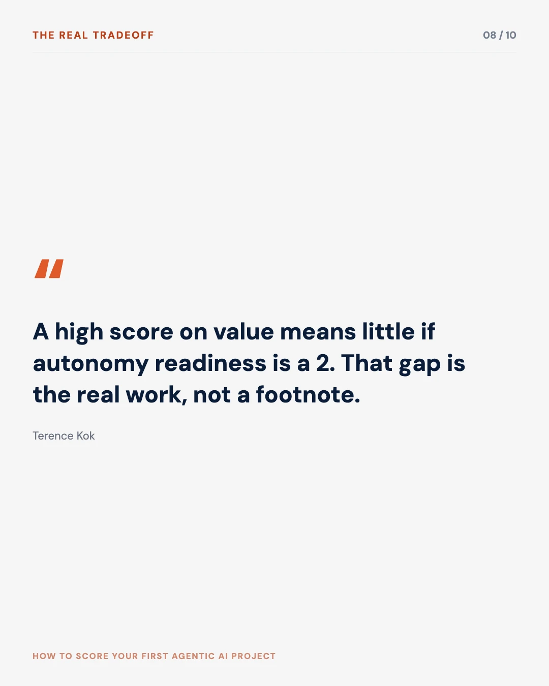 Carousel slide 8: pull quote, a high score on value means little if autonomy readiness is a 2, that gap is the real work not a footnote
