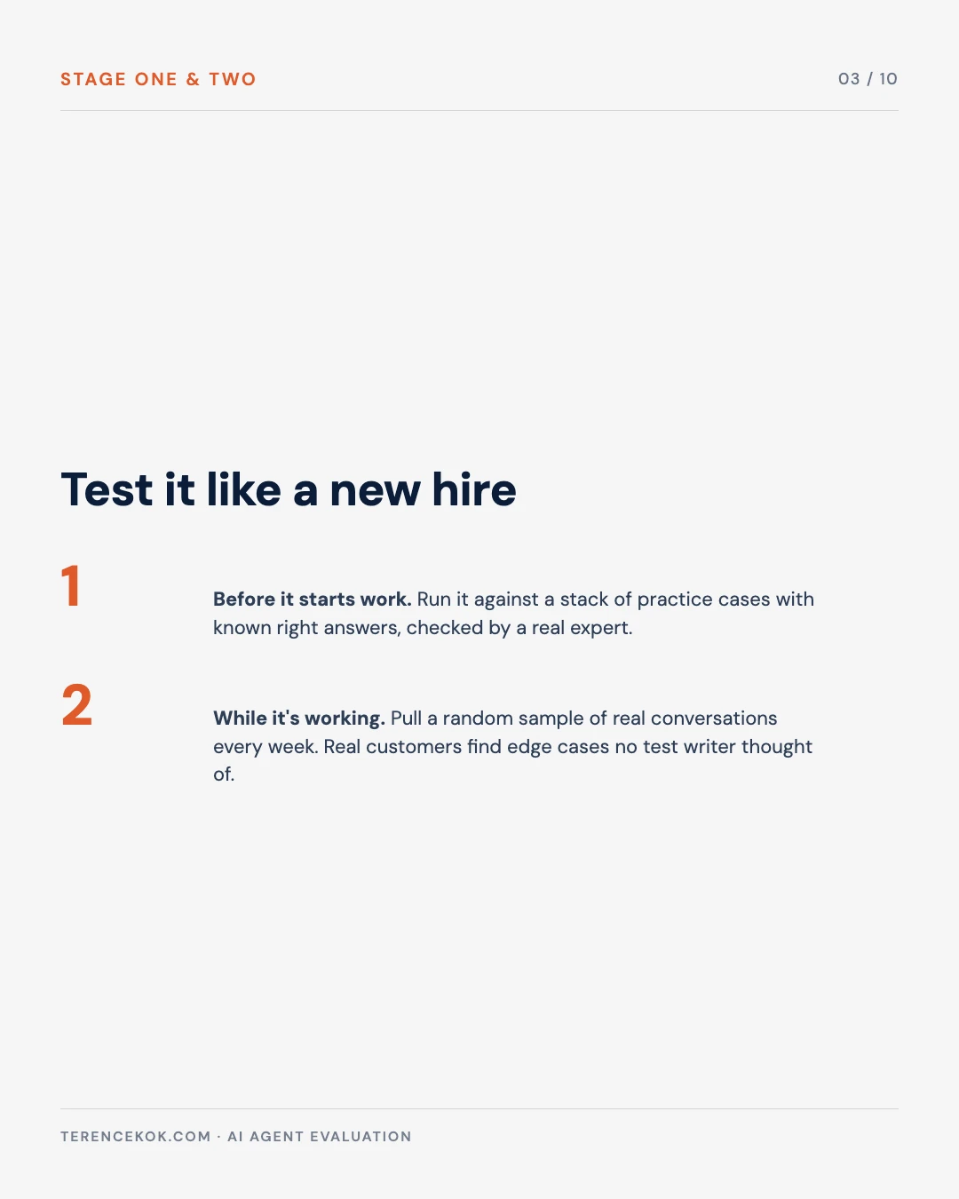 Carousel slide 3: test it like a new hire, before launch and every week after
