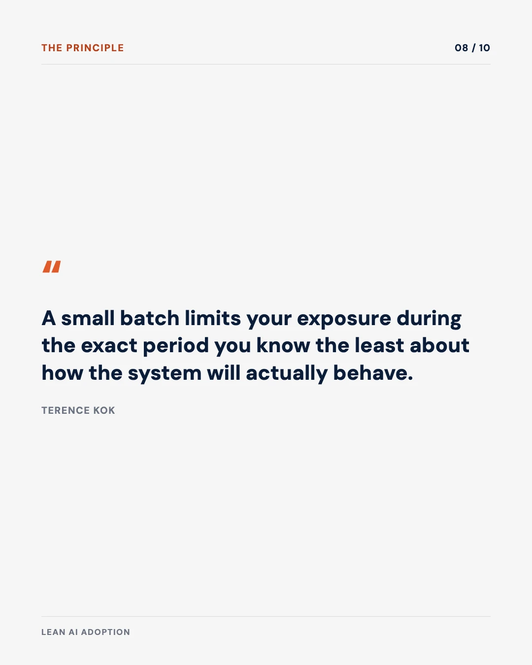 Carousel slide 8: pull quote on small batches limiting exposure