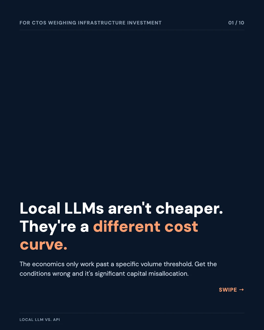 Carousel slide 1: cover — local LLMs aren't cheaper, they're conditionally cheaper