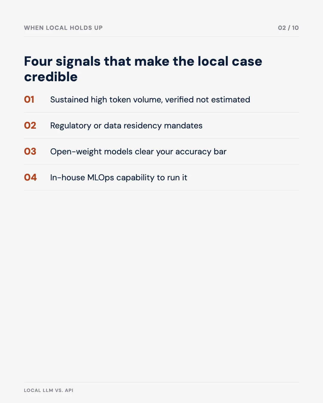 Carousel slide 2: four signals that justify local inference