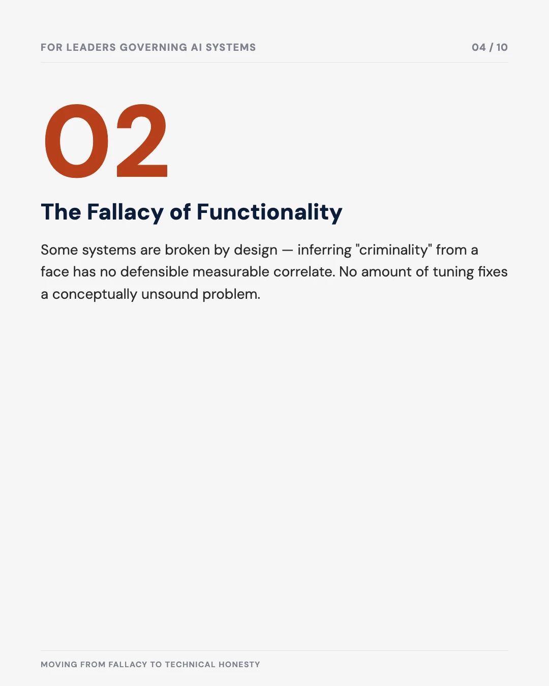 Carousel slide 4: the fallacy of functionality — some systems are broken by design, no tuning fixes an unsound problem