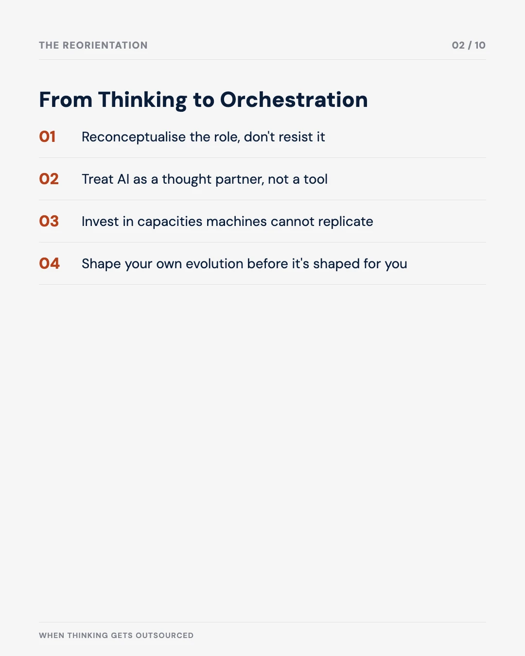 Carousel slide 2: from thinking to orchestration — four moves in the reorientation
