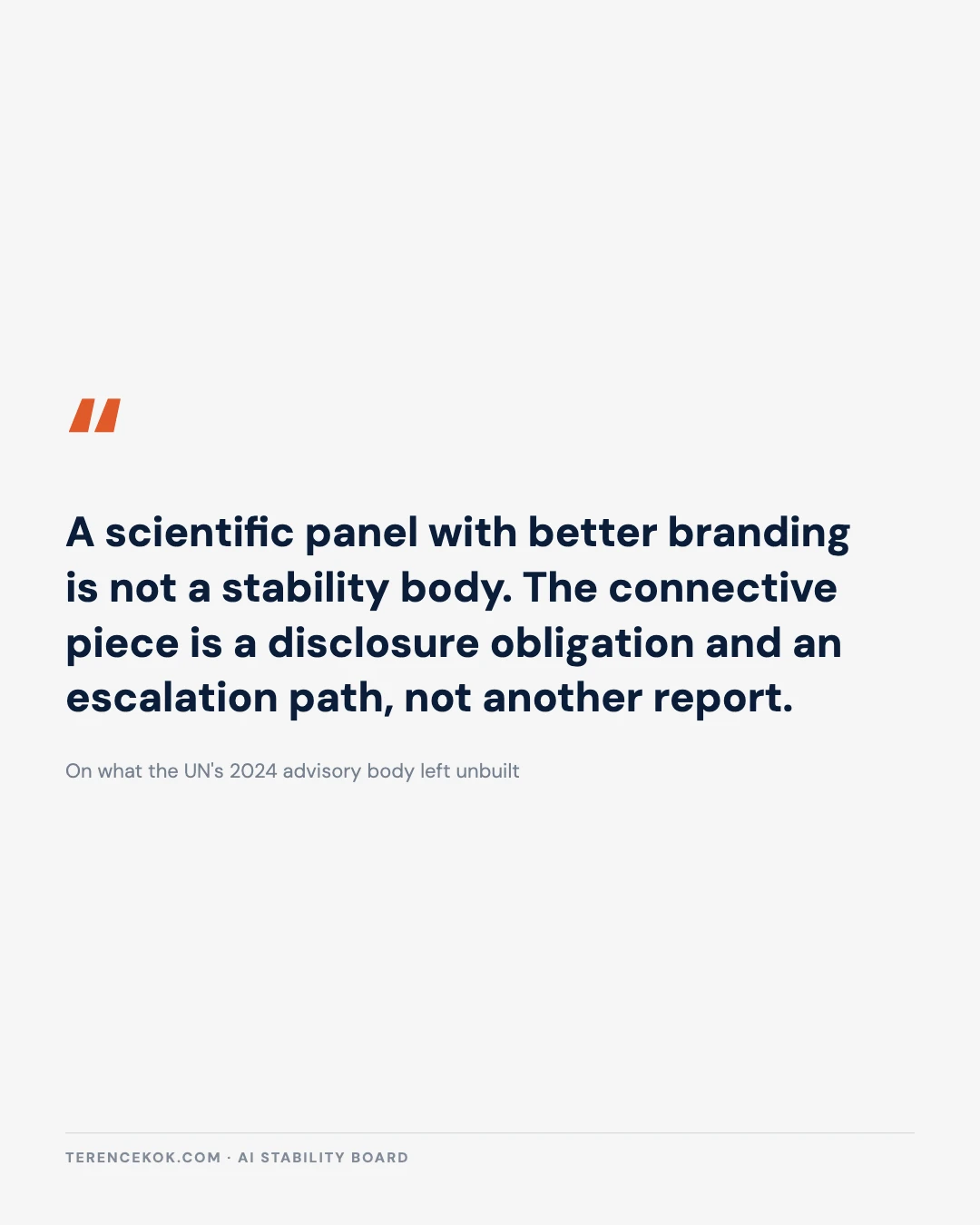 Carousel slide 8: quote, a scientific panel with better branding is not a stability body, the connective piece is a disclosure obligation and an escalation path