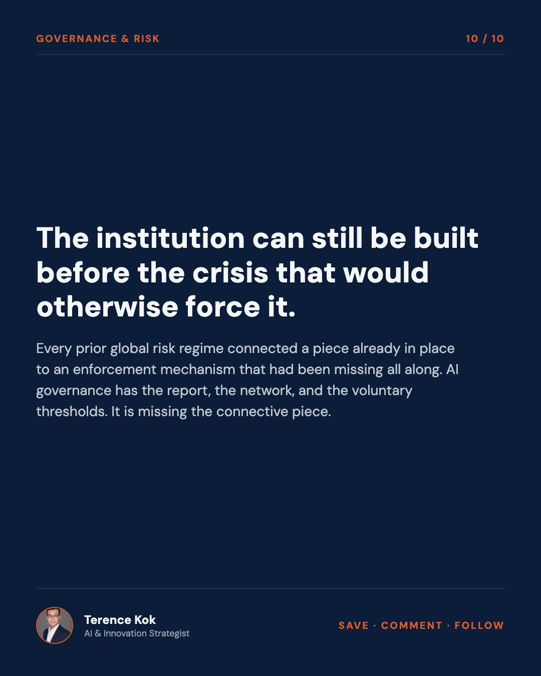 Carousel slide 10: closing, the institution can still be built before the crisis that would otherwise force it, save comment follow