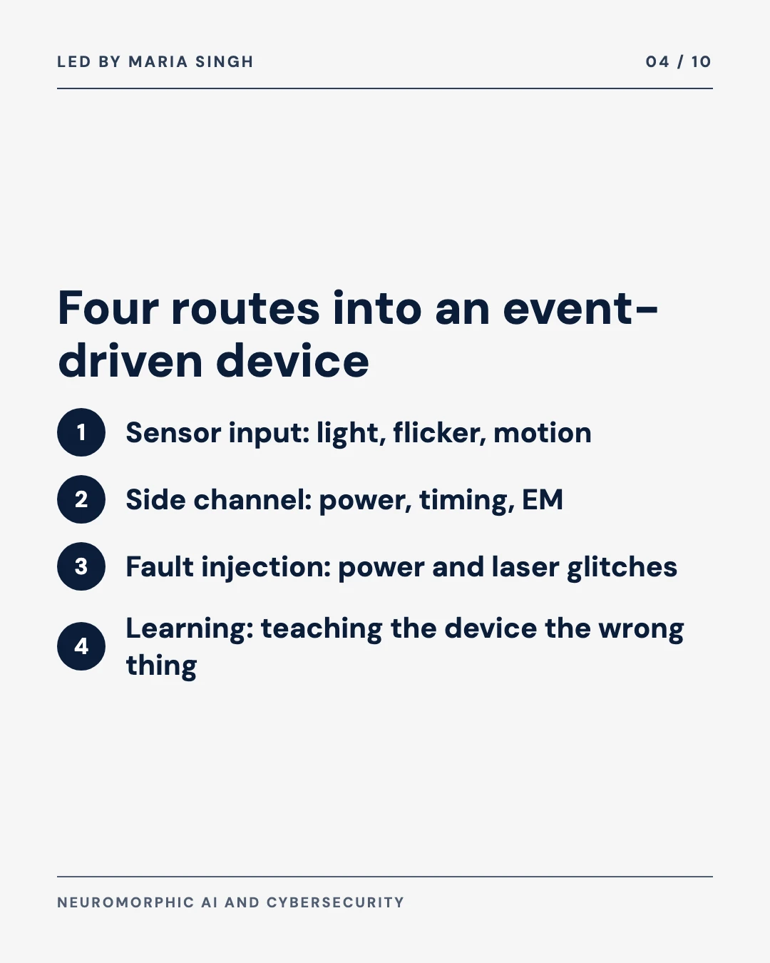 Carousel slide 4: four routes in, sensor, side channel, fault and learning