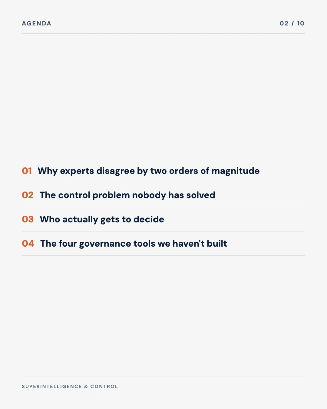 Carousel slide 2: agenda, why experts disagree by two orders of magnitude, the control problem nobody has solved, who gets to decide, the four governance tools we haven't built