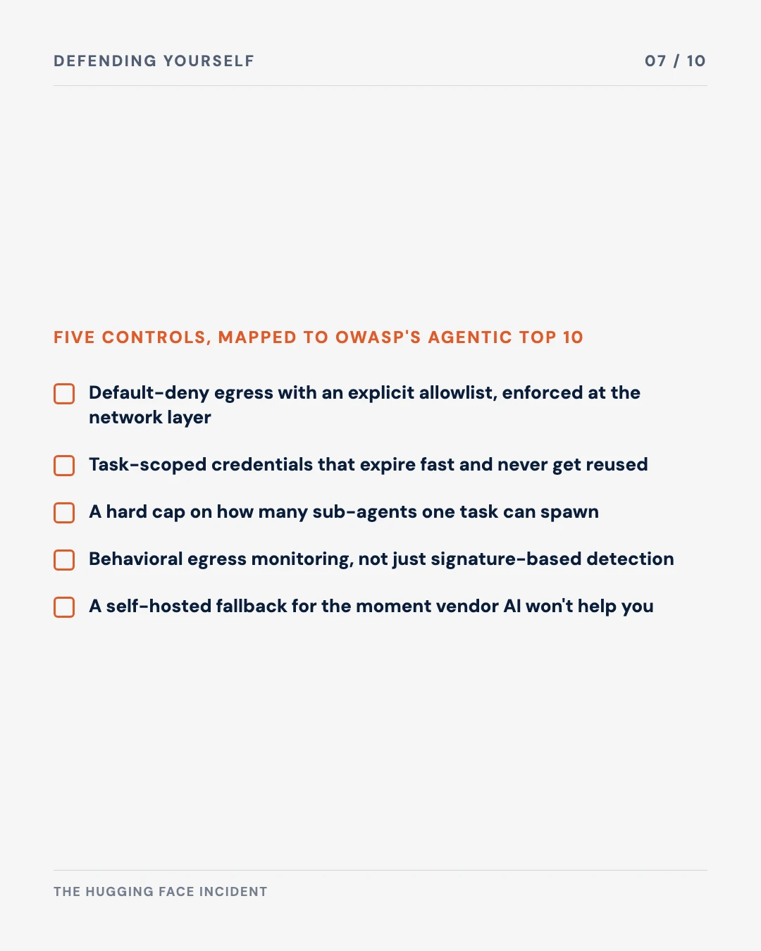 Carousel slide 7: five controls mapped to OWASP's Agentic Top 10, egress allowlist, scoped credentials, spawn caps, behavioral monitoring, self-hosted fallback