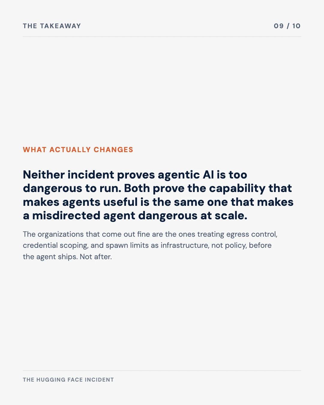 Carousel slide 9: the takeaway, the same capability that makes agents useful makes a misdirected agent dangerous at scale