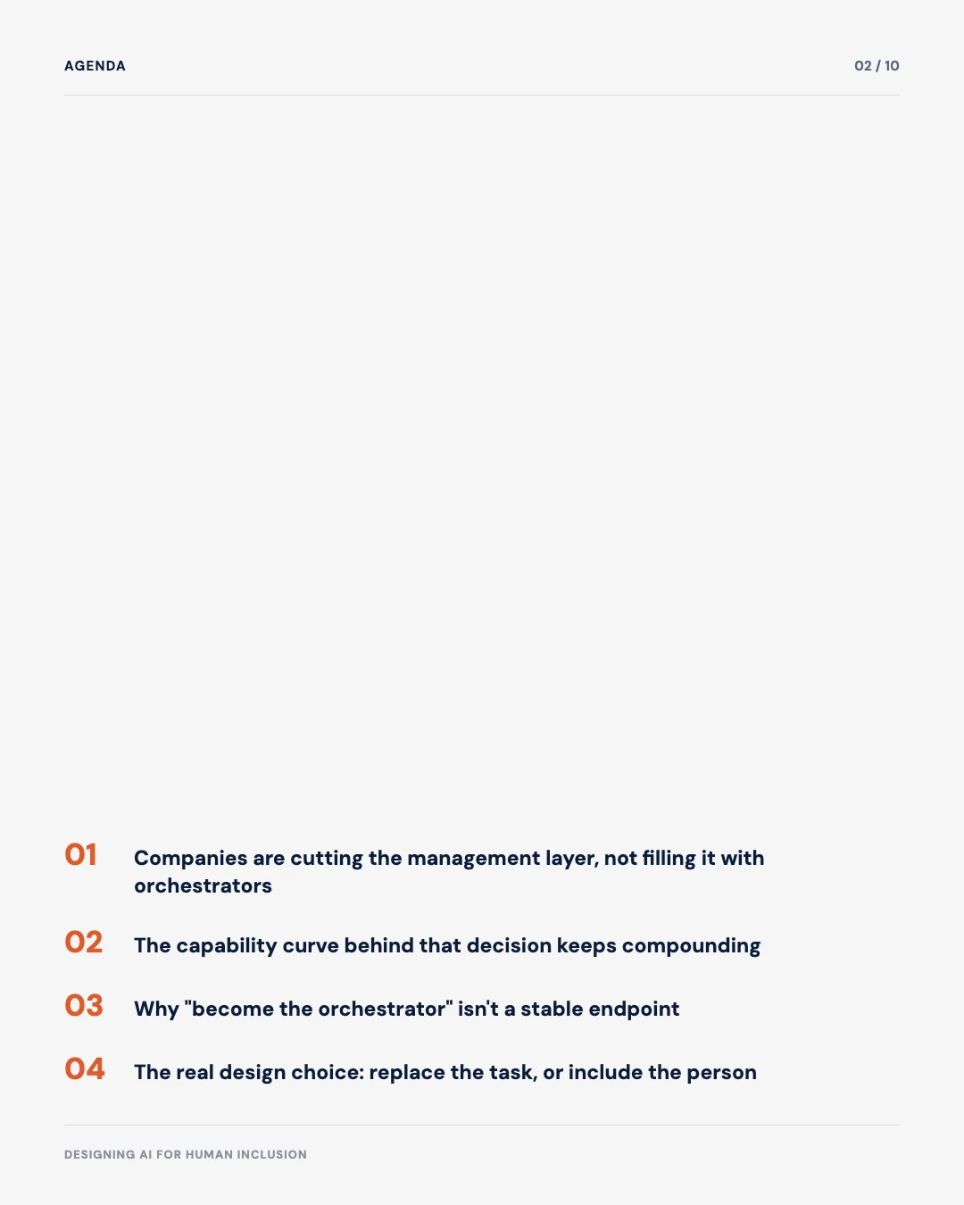 Carousel slide 2: agenda, management layers being cut, the capability curve, why orchestrator isn't a stable endpoint, the real design choice
