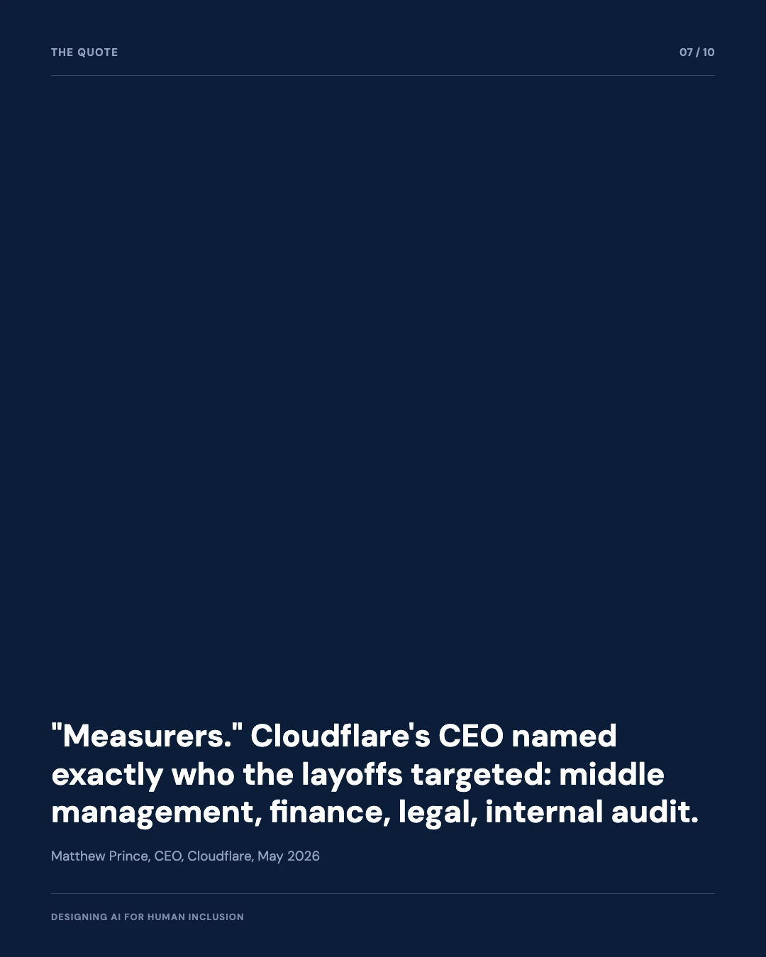 Carousel slide 7: quote, Measurers, Cloudflare CEO Matthew Prince naming middle management finance legal and internal audit as layoff targets, May 2026