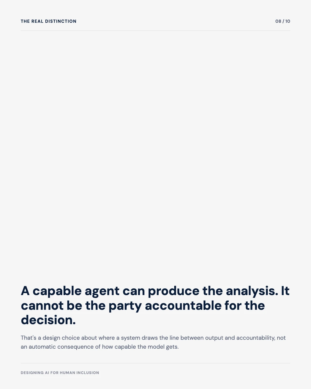 Carousel slide 8: a capable agent can produce the analysis, it cannot be the party accountable for the decision