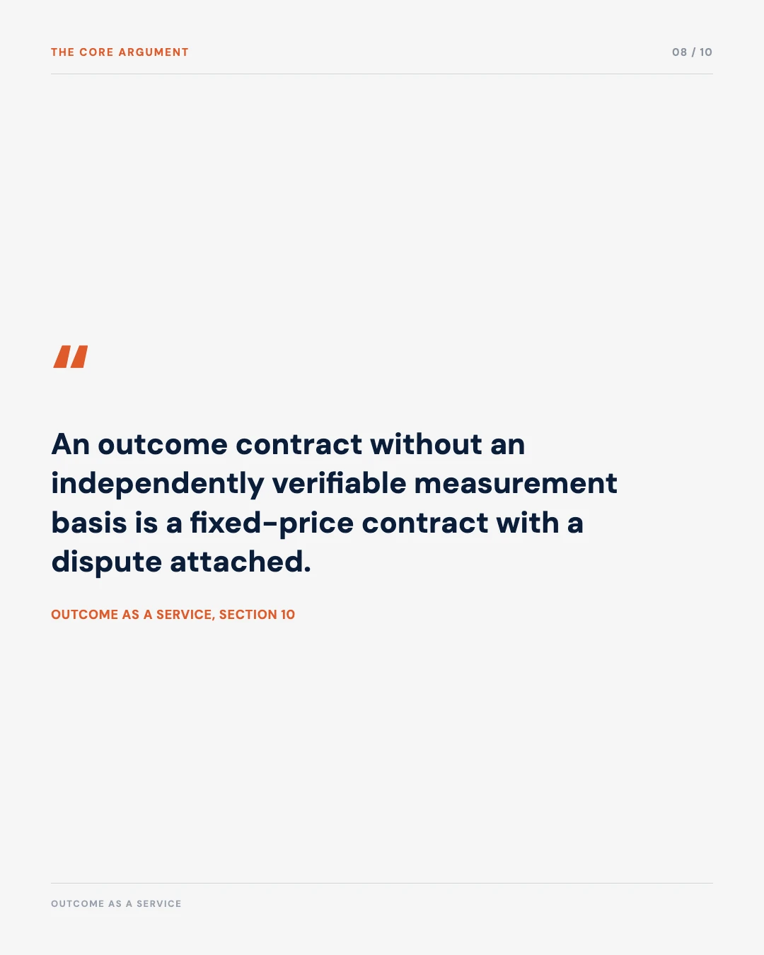 Carousel slide 8: quote, an outcome contract without an independently verifiable measurement basis is a fixed-price contract with a dispute attached