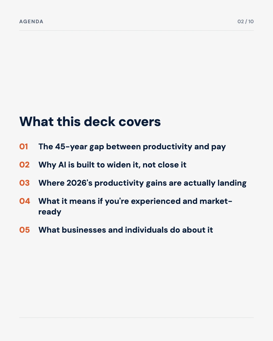 Carousel slide 2: agenda, the 45 year gap, why AI widens it, where the gains land, what it means for experienced workers, what to do