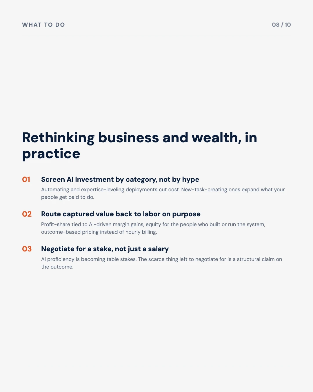Carousel slide 8: what to do, screen AI investment by category, route captured value back to labor, negotiate for a stake not just a salary